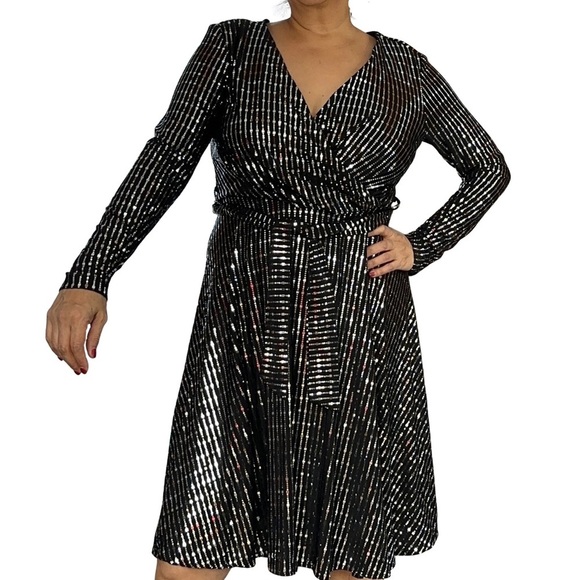Matik Prime Dresses & Skirts - Black & Silver Embellished Faux Wrap Midi Dress Long Sleeve Shimmer Party Dress
